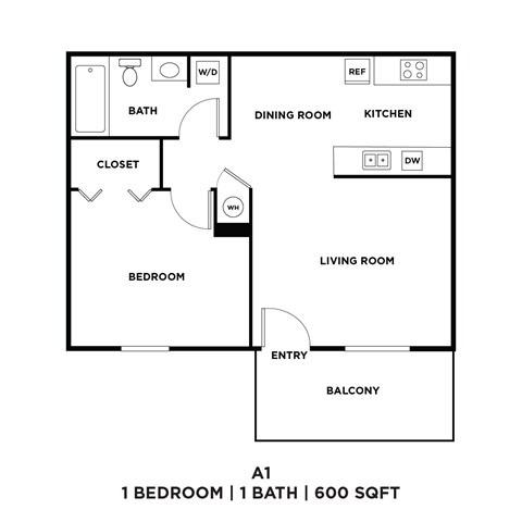 A black and white diagram of a one bedroom apartment with 600 square feet.